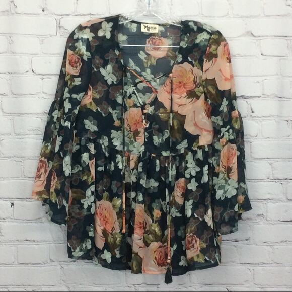 Show Me Your Mumu Poet Top Women's Sz XS Lace Up Boho Peplum Floral Semi Sheer - Picture 2 of 14